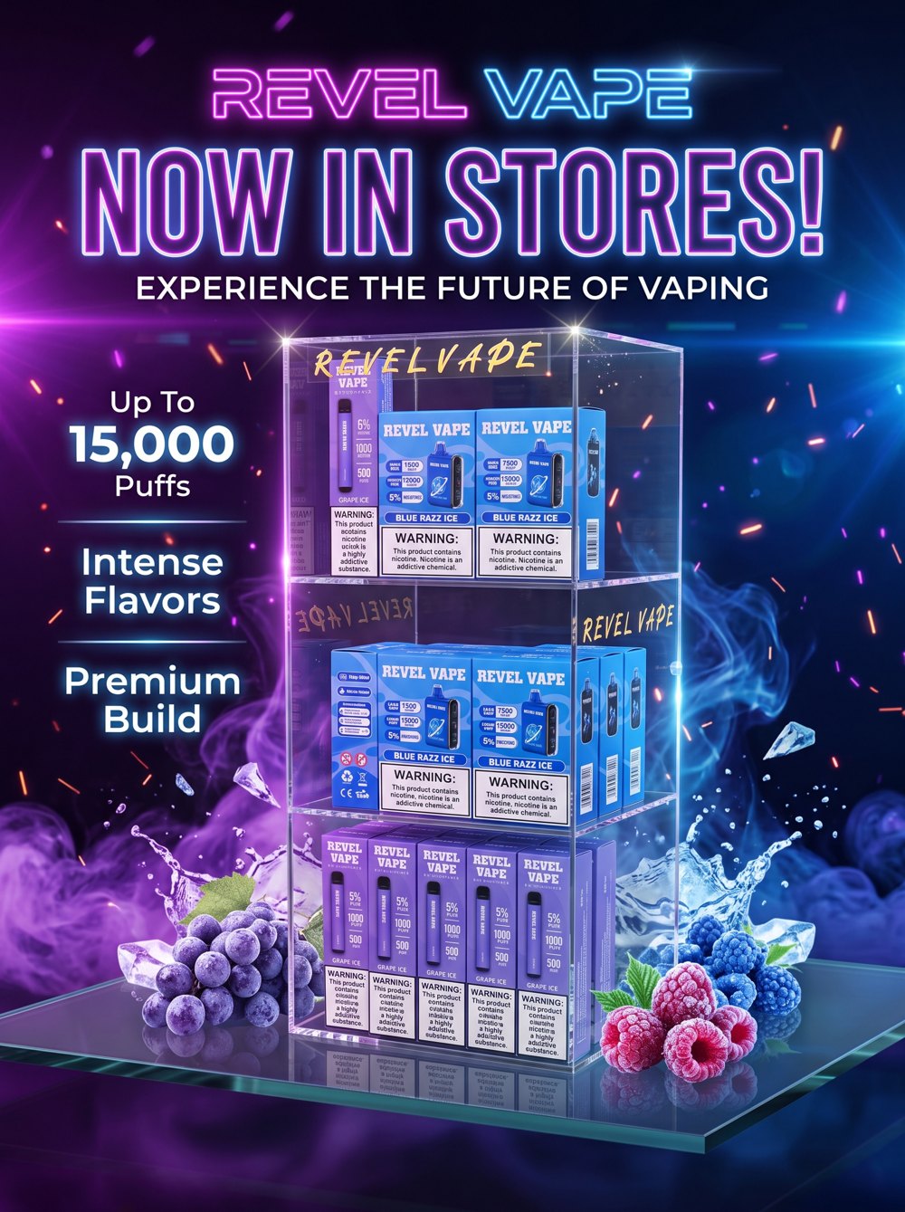 Revel Vape retail display unit stocked with Revel 1,000 and 15,000 puff vapes